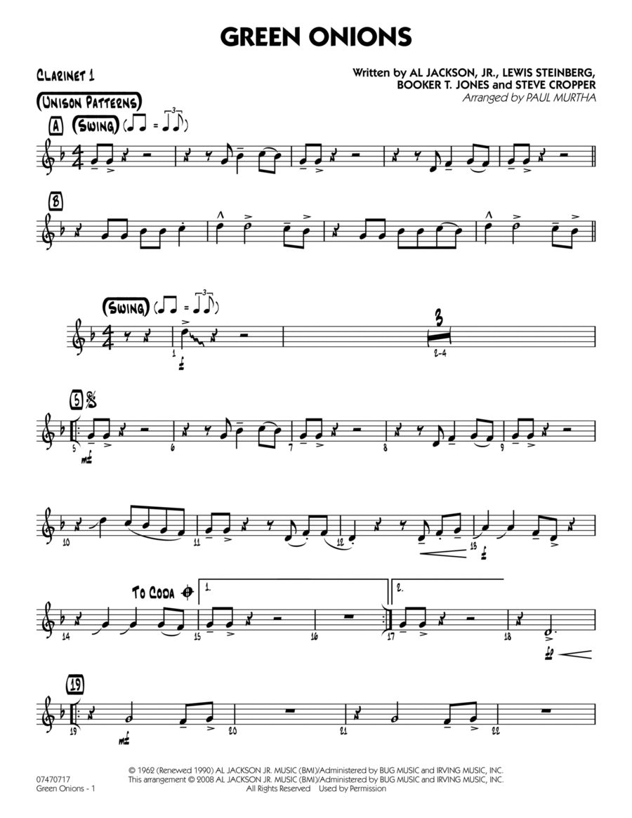 Green Onions - Bb Clarinet 1 B-Flat Clarinet scores gallery preview page 1