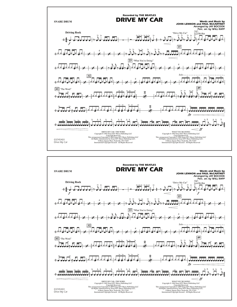 Drive My Car - Snare Drum Marching Band scores gallery preview page 1