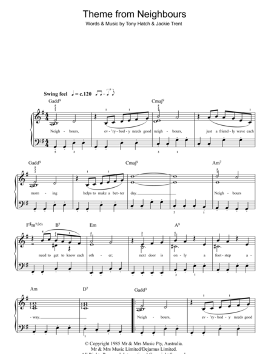 Theme From Neighbours Easy Piano scores gallery preview page 1