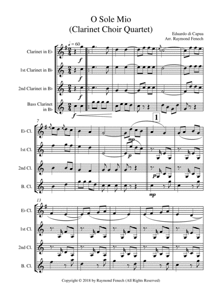 O Sole Mio - Clarinet Choir Quartet (E Flat Clarinet; 2 B Flat Clarinets and Bass Clarinet) image number null
