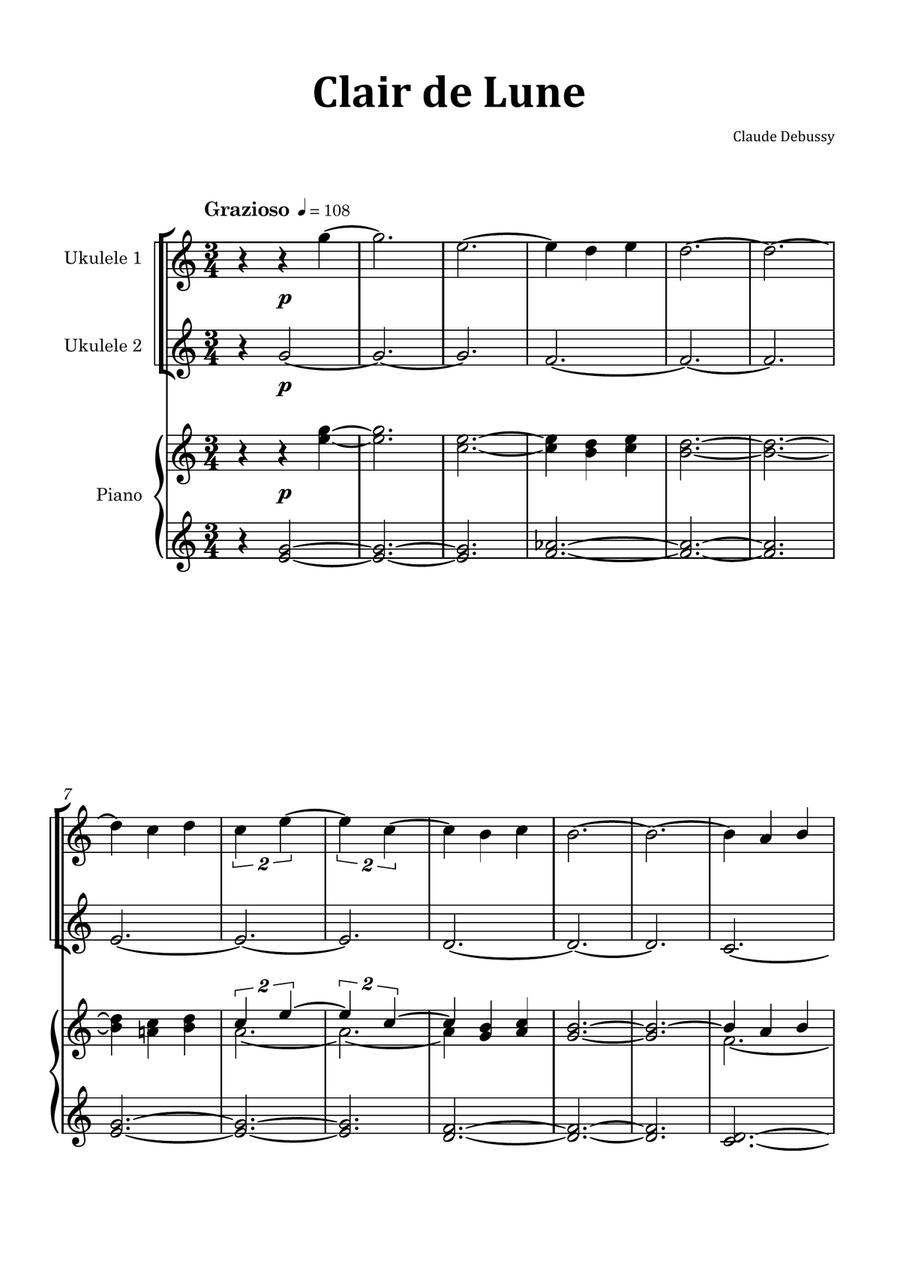 Clair de Lune by Debussy - Ukulele Duet with Piano Chamber Music scores gallery preview page 1