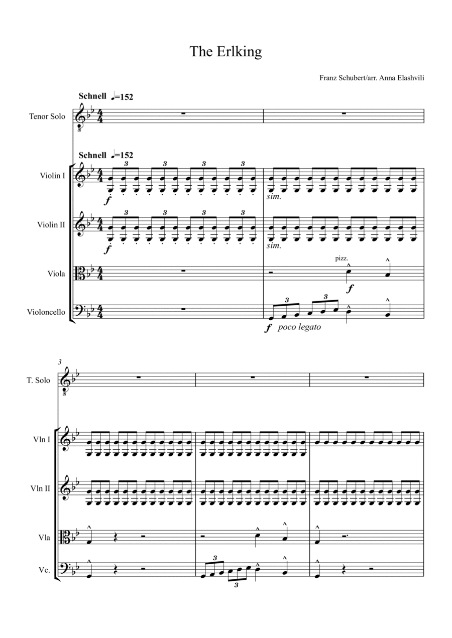 Der Erlkonig (The Erlking) for tenor and string quartet String Quartet scores gallery preview page 1