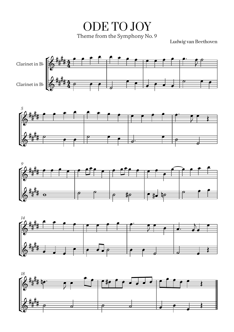 L. v. Beethoven - Ode to Joy (from Symphony No. 9) (for Clarinet Duet) Clarinet Duet scores gallery preview page 1