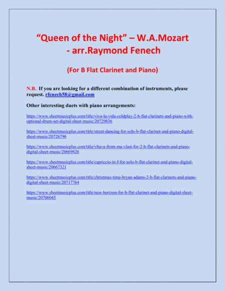 Queen of the Night - From the Magic Flute - B Flat Clarinet and Piano image number null
