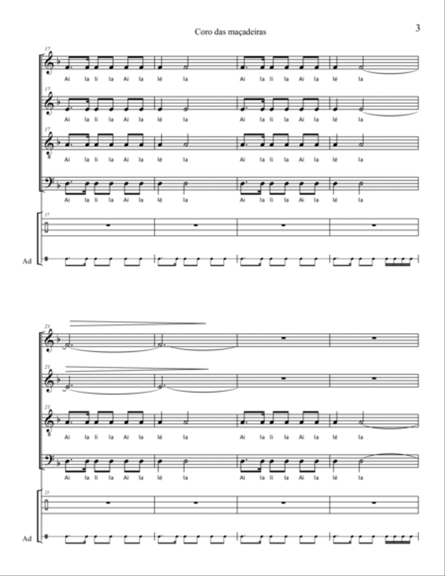 Coro das Maçadeiras (SATB and percussion) - with optional String Orchestra or Brass Quartet 4-Part scores gallery preview page 3