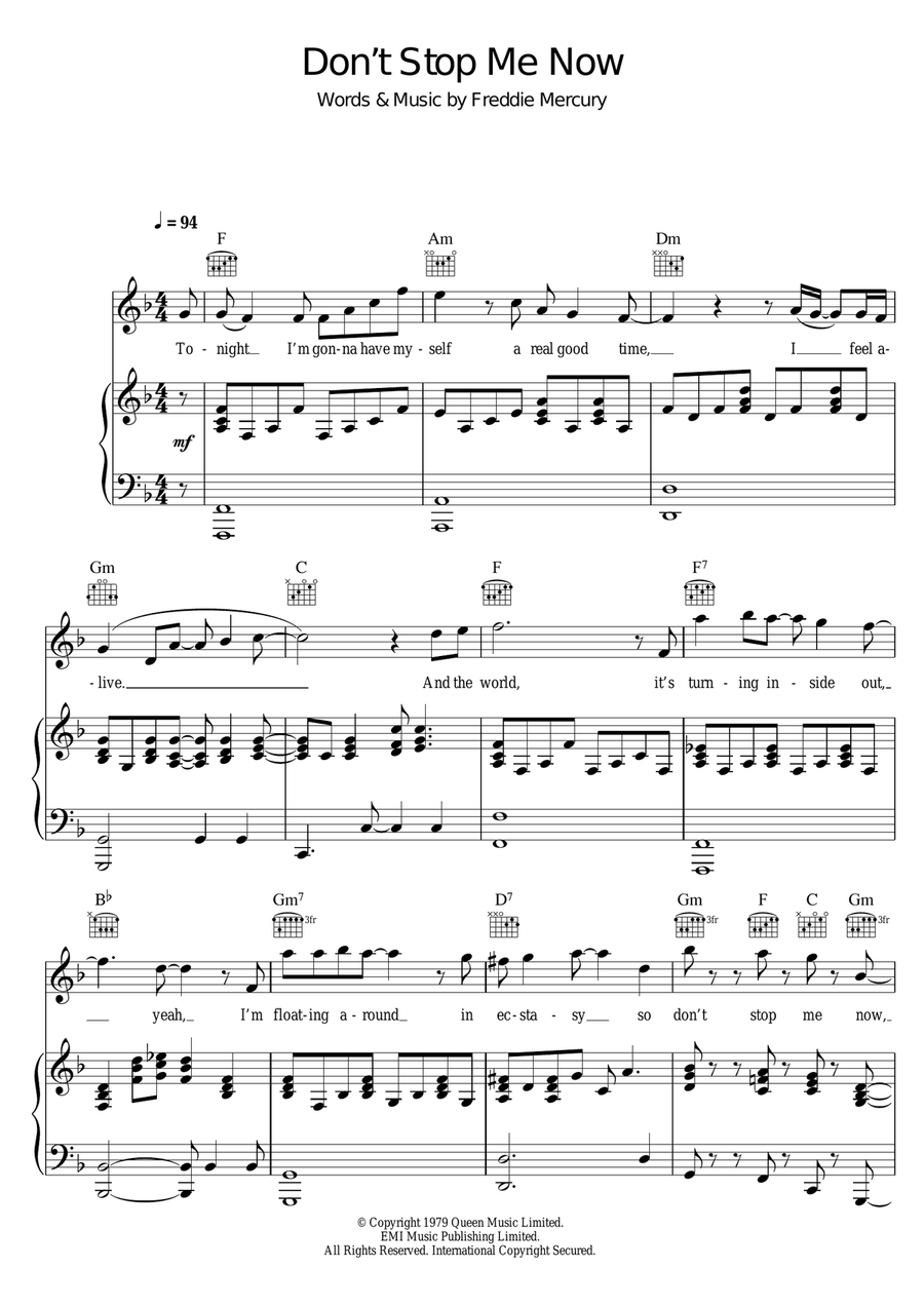 Don't Stop Me Now Piano, Vocal, Guitar scores gallery preview page 1