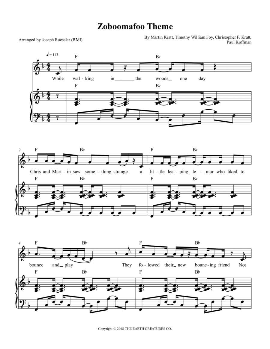 Zoboomafoo Theme Piano, Vocal, Guitar scores gallery preview page 1
