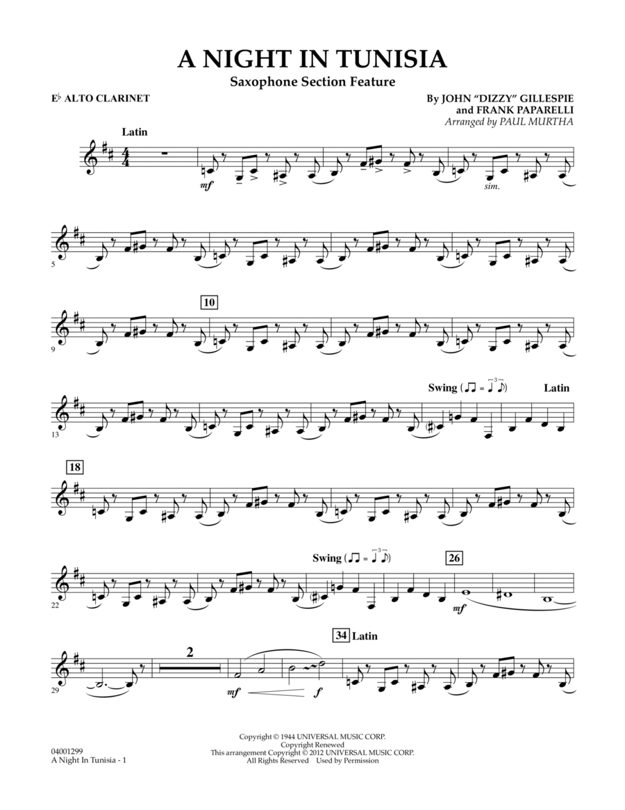 A Night In Tunisia (Saxophone Section Feature) - Eb Alto Clarinet Concert Band scores gallery preview page 1