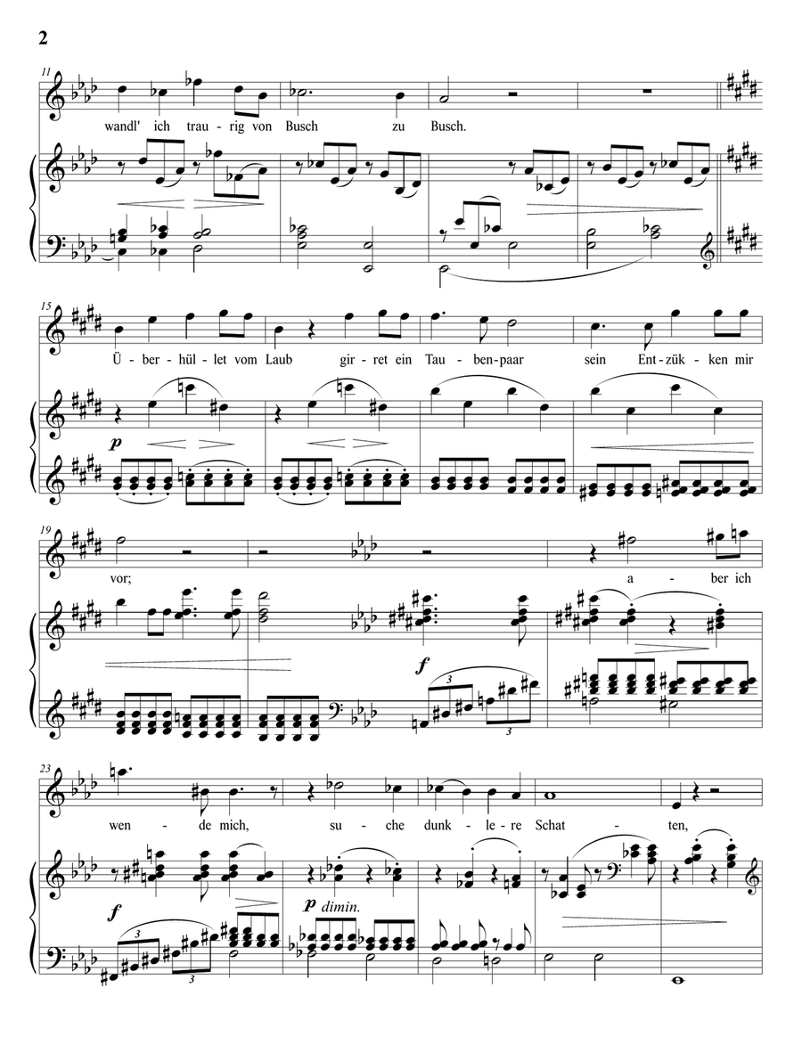 BRAHMS:Die Mainacht, Op. 43 no. 2 (in 9 keys: A-flat, G, F-sharp, F, E, E-flat, D, C-sharp, C major) Piano, Vocal scores gallery preview page 3