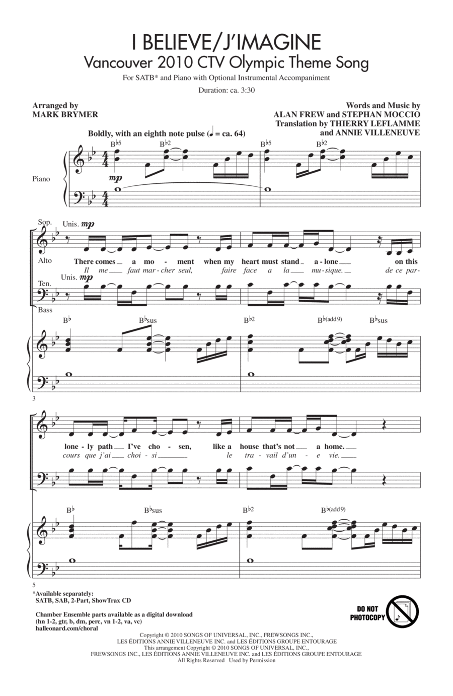 I Believe / J'Imagine 4-Part scores gallery preview page 1