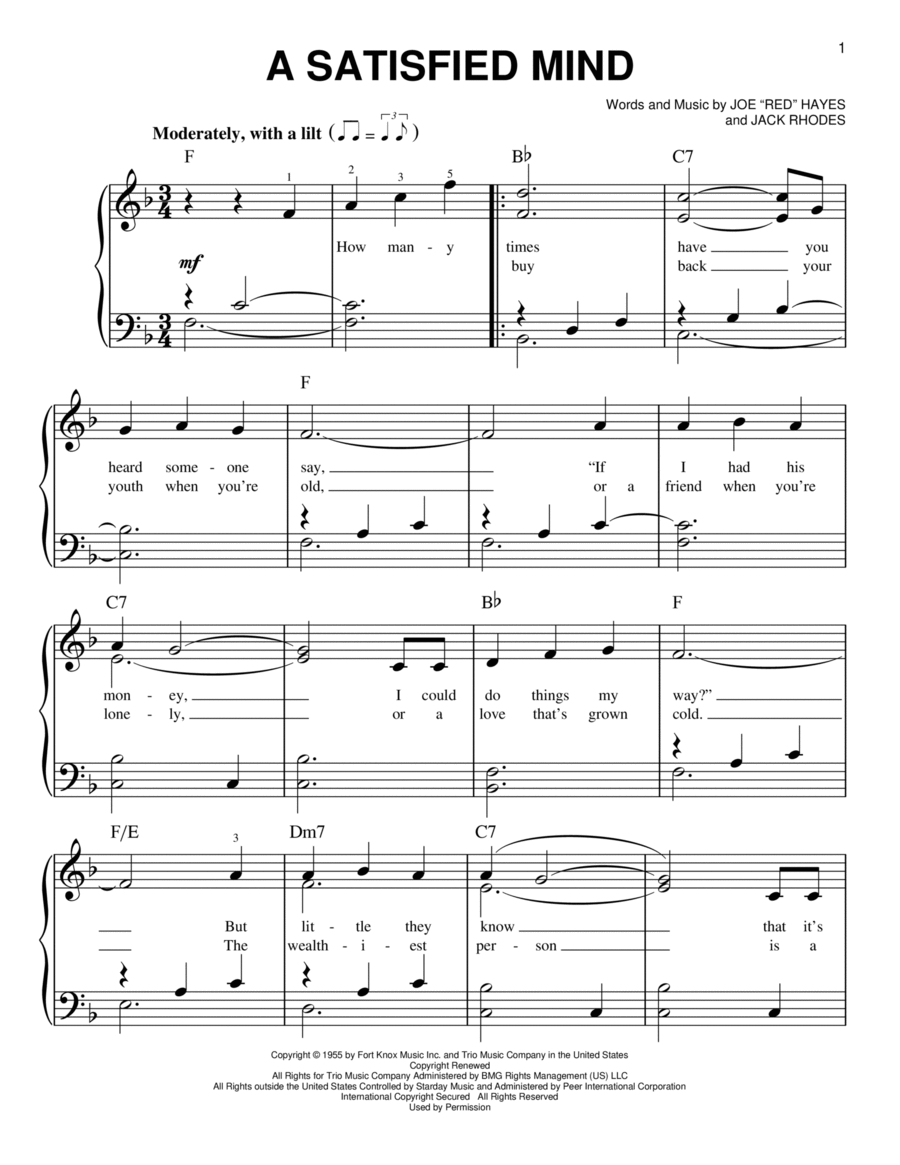 A Satisfied Mind Easy Piano scores gallery preview page 1