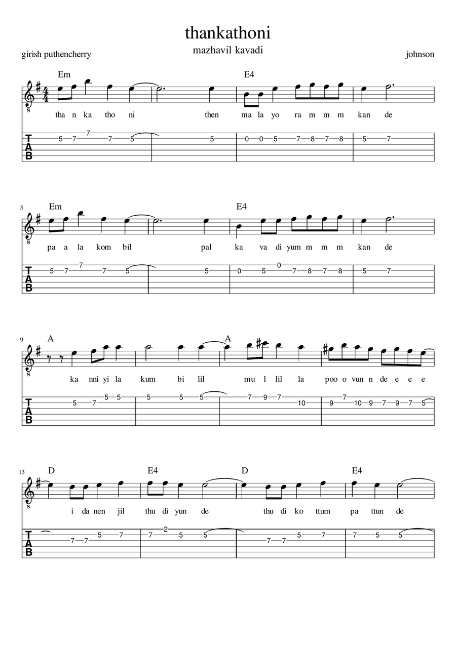 thankathoni sheetmusic with guitar tabs lyrics and chords Guitar Tablature scores gallery preview page 1