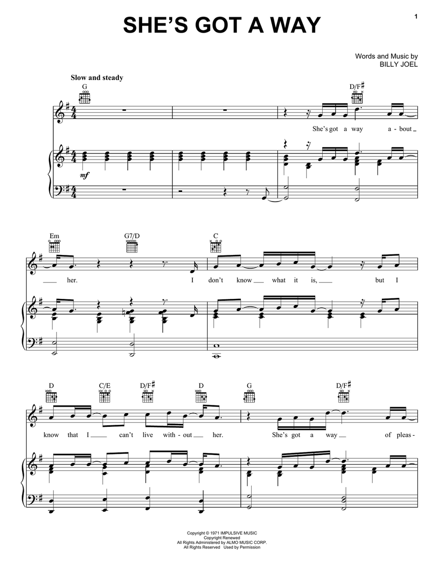 She's Got A Way Piano, Vocal, Guitar scores gallery preview page 1