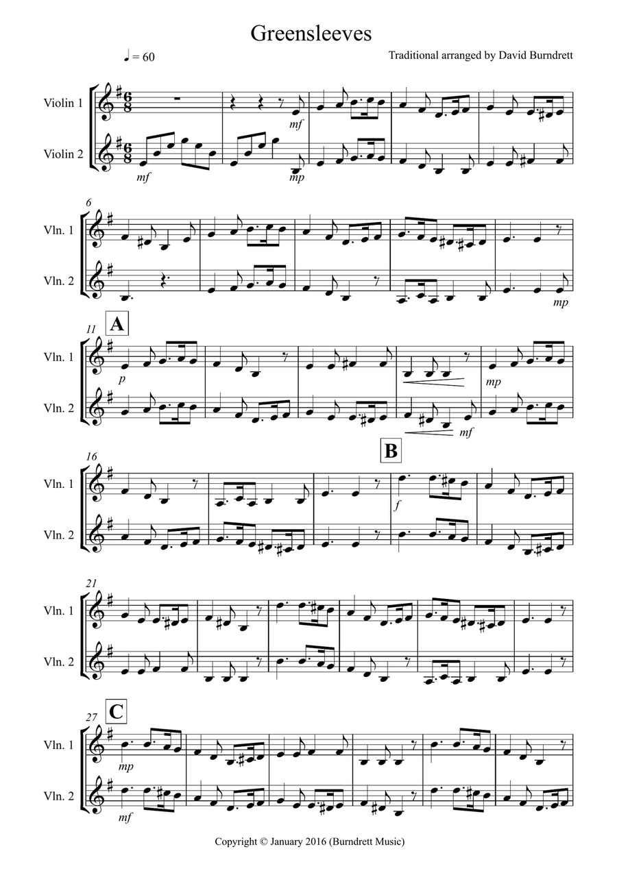 Greensleeves for Violin Duet String Duet scores gallery preview page 1