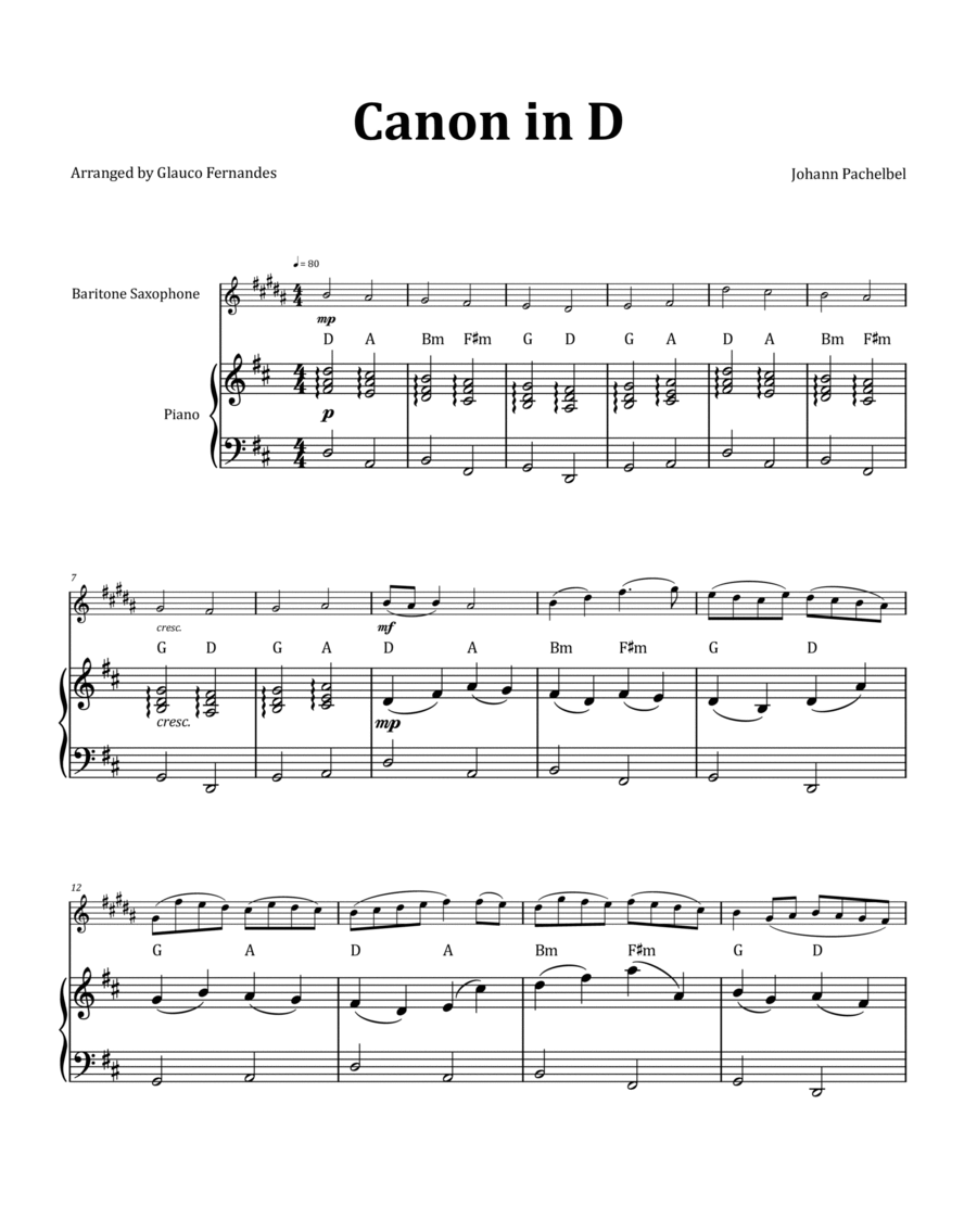 Canon by Pachelbel - Baritone Saxophone & Piano and Chord Notation image number null