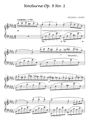 Nocturne Op. 9 No. 1 (Chopin) with note names and finger number guide