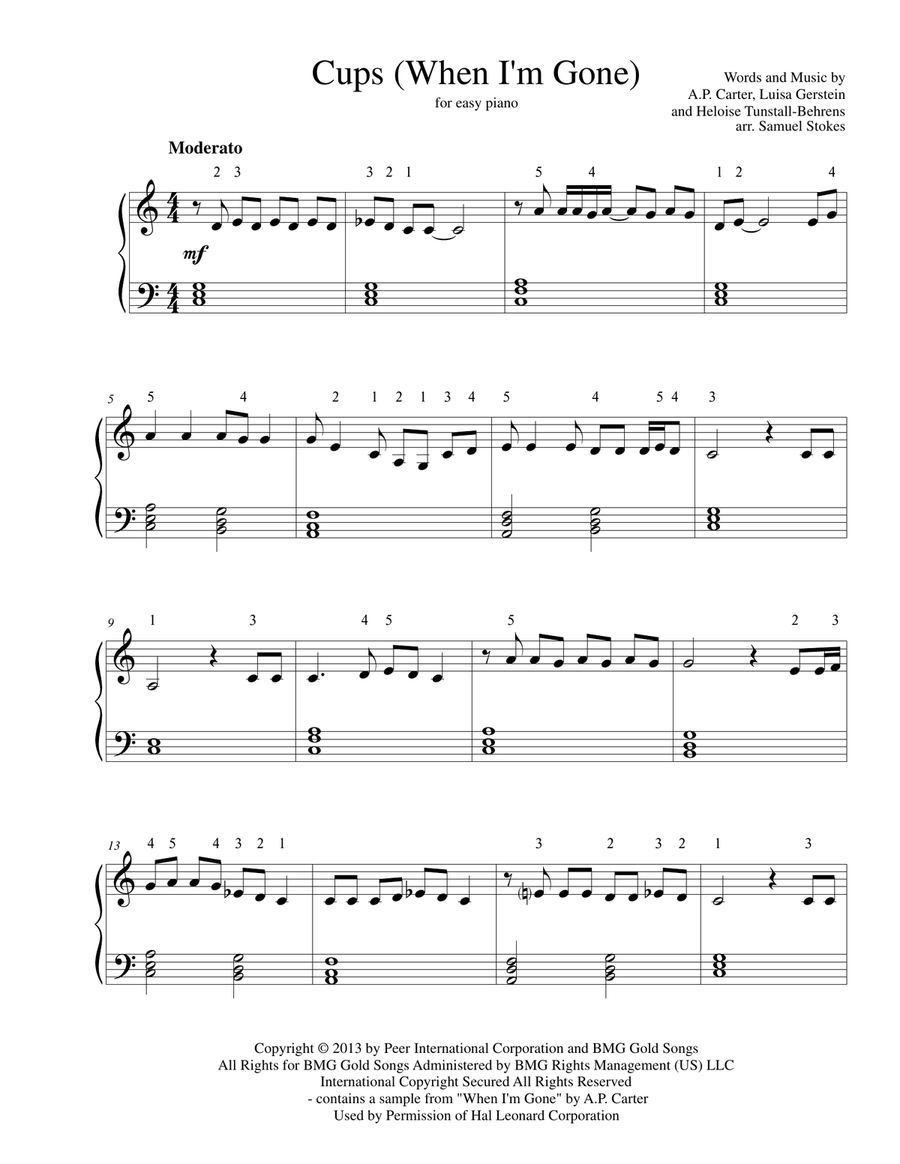 Cups (When I'm Gone) Easy Piano scores gallery preview page 1