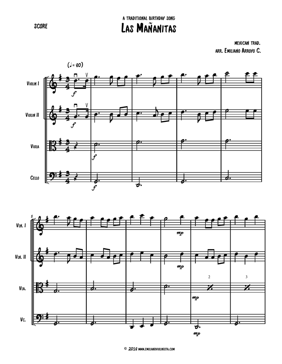Las Mañanitas (Mexican Birthday Song) for String Quartet String Quartet scores gallery preview page 2