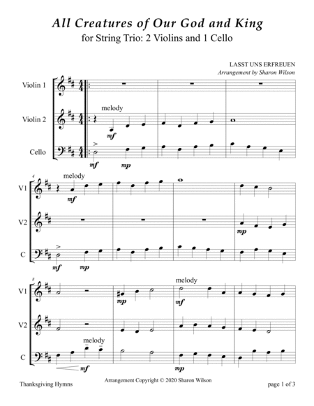 Easy String Trios: Thanksgiving Hymns (A Collection of 10 Easy Trios for 2 Violins and 1 Cello) image number null