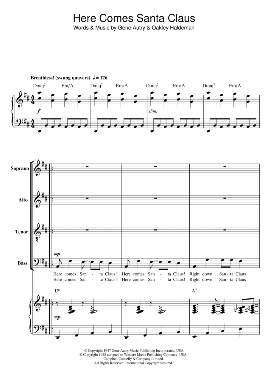 Here Comes Santa Claus (Right Down Santa Claus Lane) (arr. Berty Rice) 4-Part scores gallery preview page 1