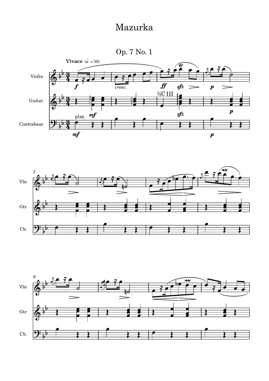 Mazurka in B flat Major Op. 7 No. 1 for violin, guitar and doublebass Small Ensemble scores gallery preview page 1