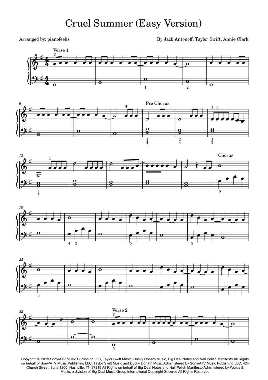 Cruel Summer Easy Piano scores gallery preview page 1