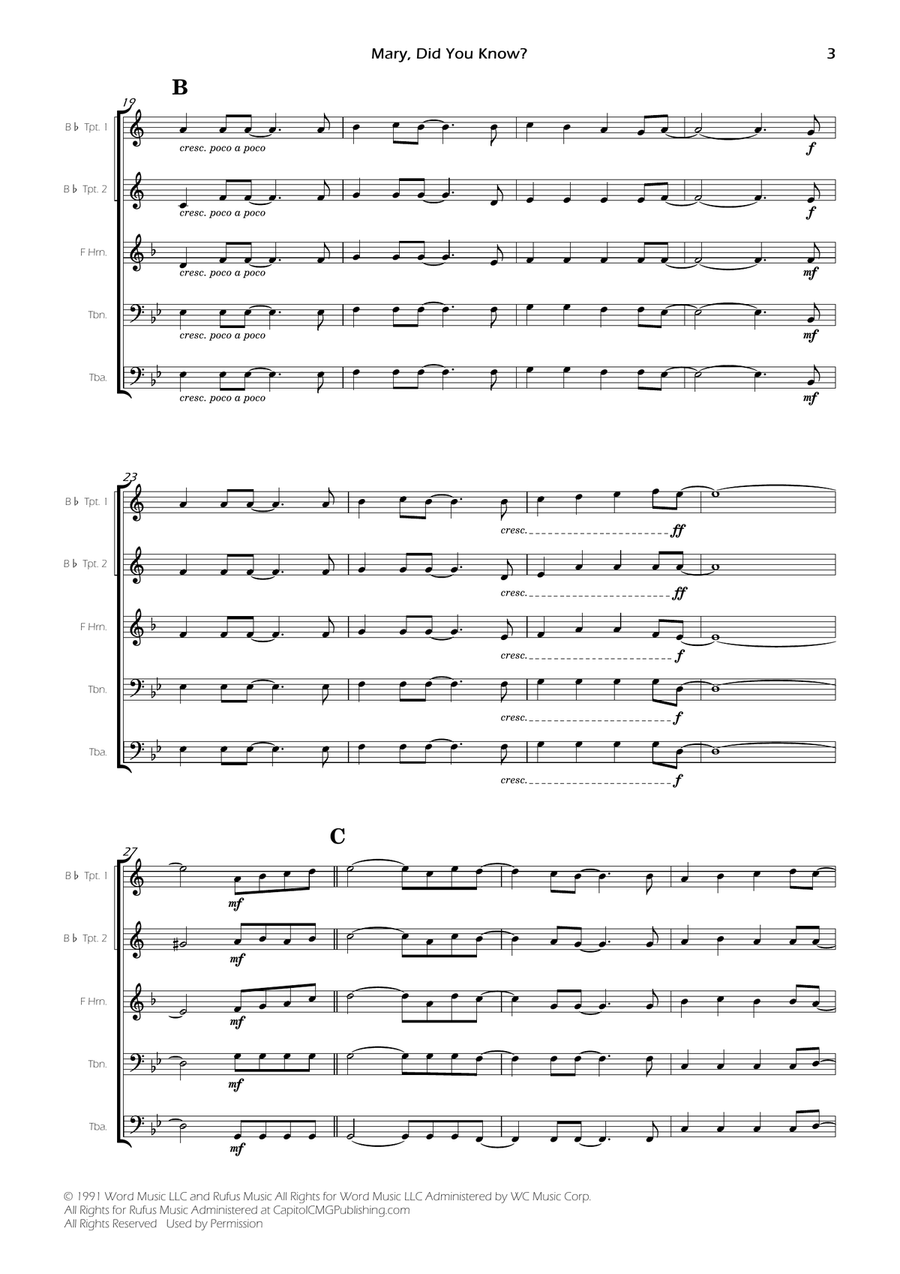 Mary, Did You Know? - Score Only Brass Quintet scores gallery preview page 3