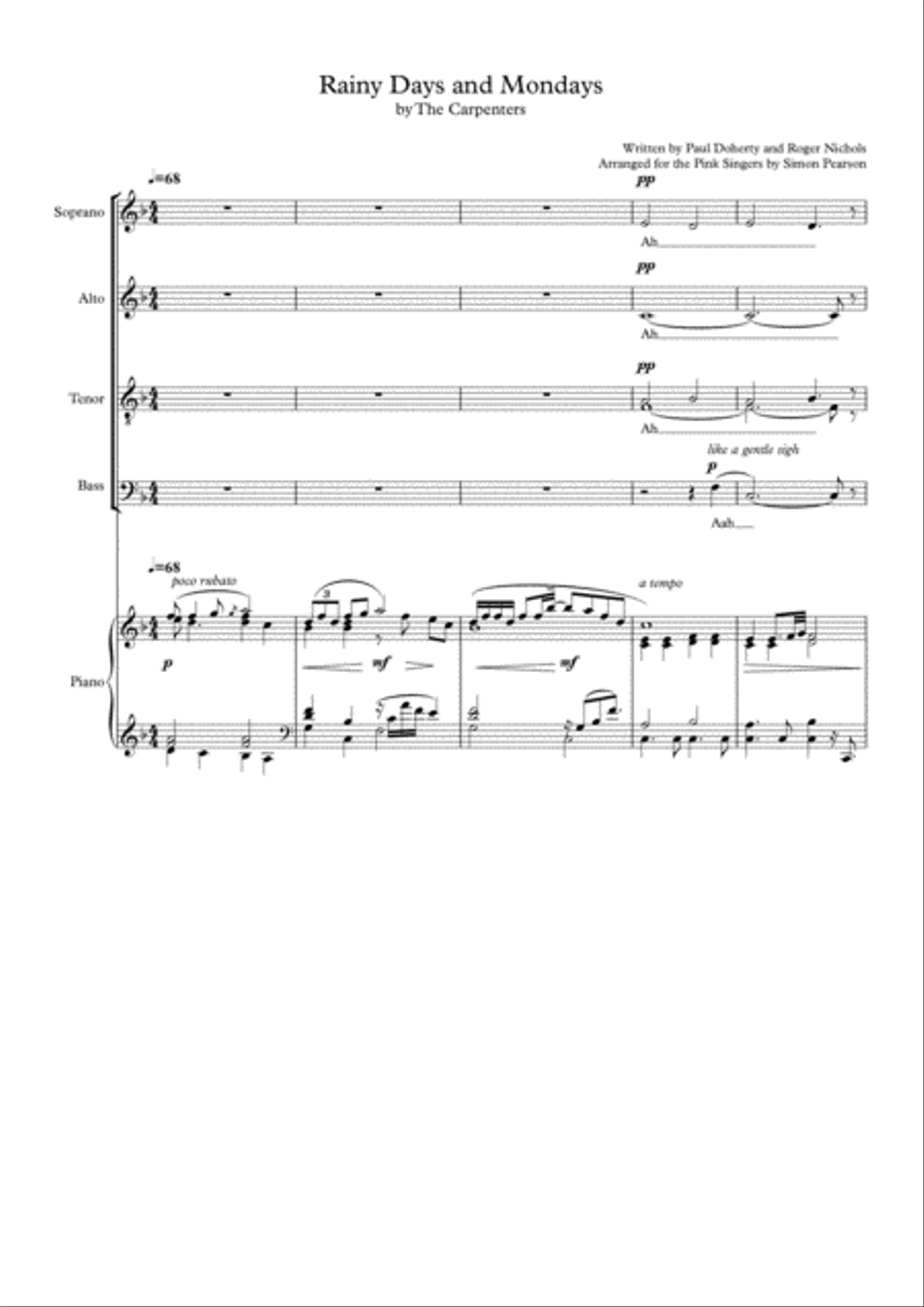 Rainy Days And Mondays 4-Part scores gallery preview page 1