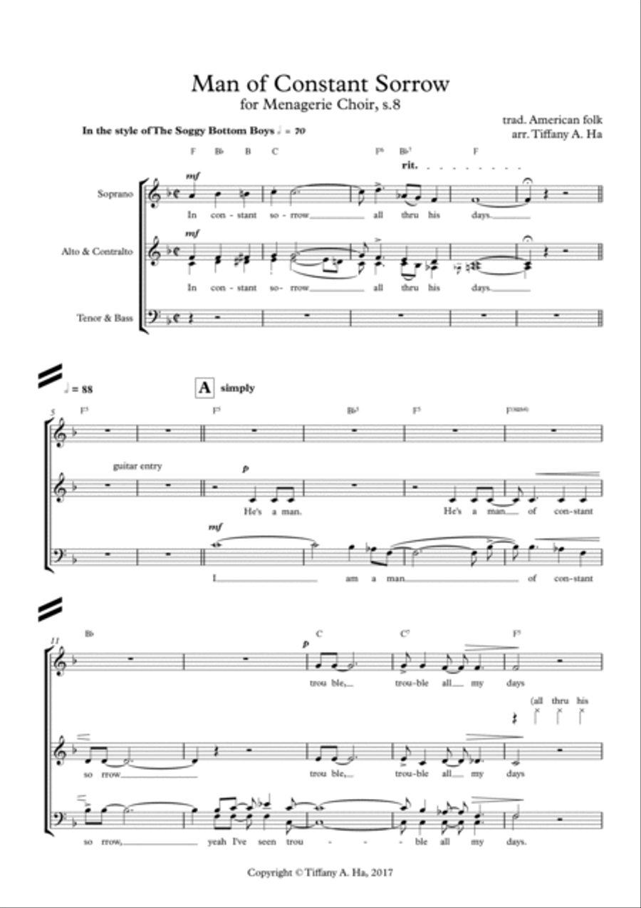 Man of Constant Sorrow for SATB choir 4-Part scores gallery preview page 2