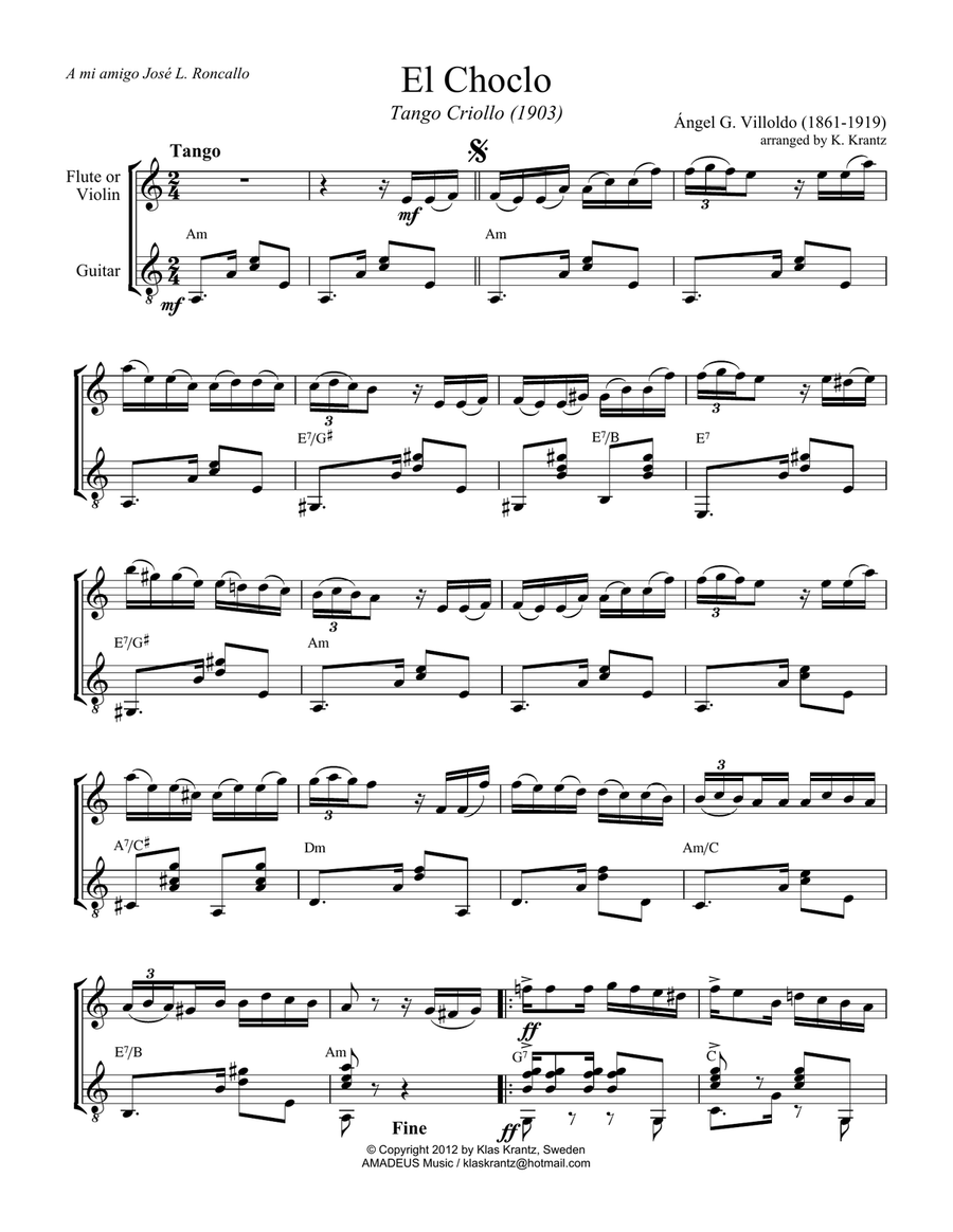 El choclo (tango) for violin or flute and guitar (A Minor) Flute scores gallery preview page 1