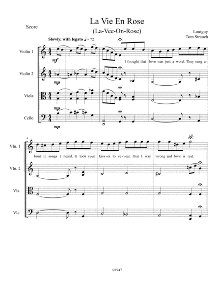 La Vie En Rose for String Quartet Intermediate/Advanced includes English lyrics in 1st violin image number null