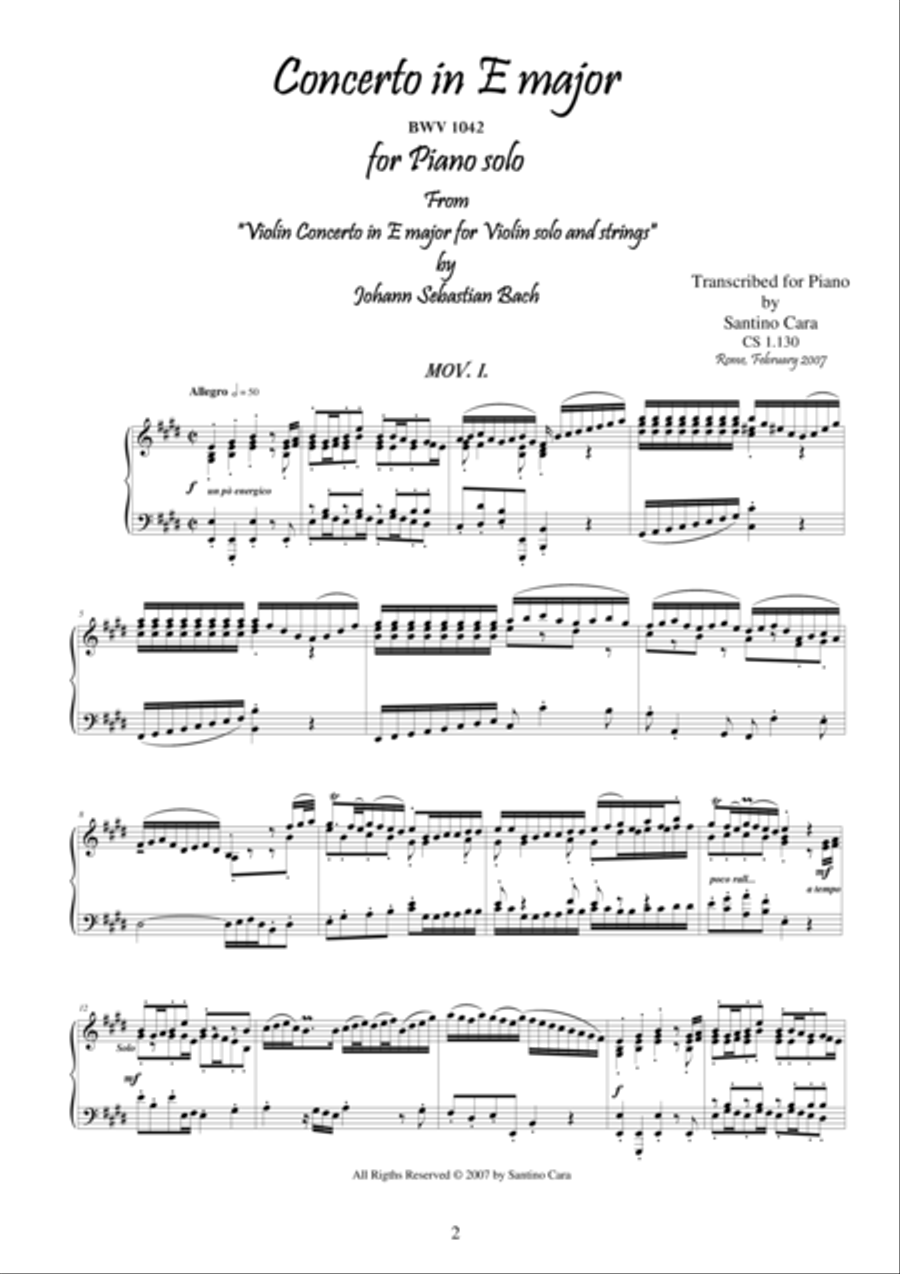 J.S.Bach - Violin Concerto in E major BWV 1042 - Piano solo - 1° mov. Allegro Piano Solo scores gallery preview page 1