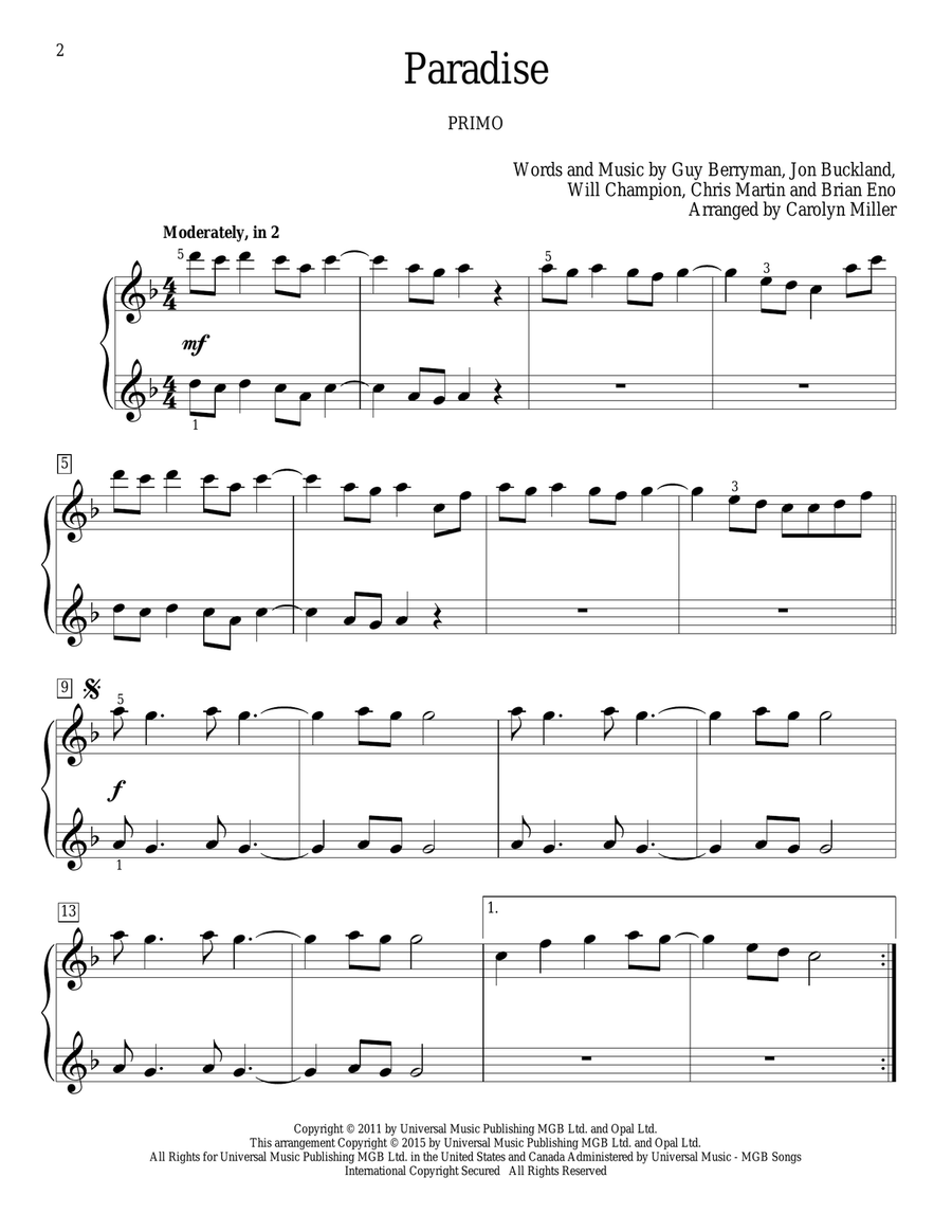Paradise Paradise Piano Duet scores gallery preview page 2