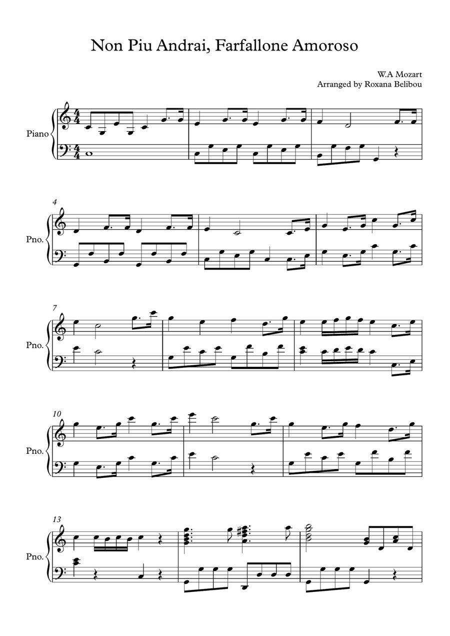 Non Piu Andrai, Farfallone Amoroso by Mozart Piano Piano Solo scores gallery preview page 1