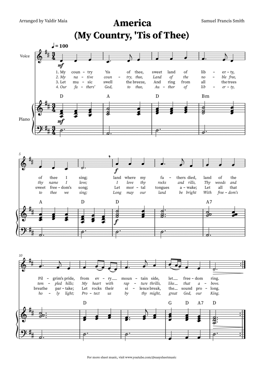 America (My Country, 'Tis of Thee) - Voice and Piano in D (+CHORDS) Voice Solo scores gallery preview page 1