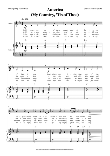 America (My Country, 'Tis of Thee) - Voice and Piano in D (+CHORDS) image number null