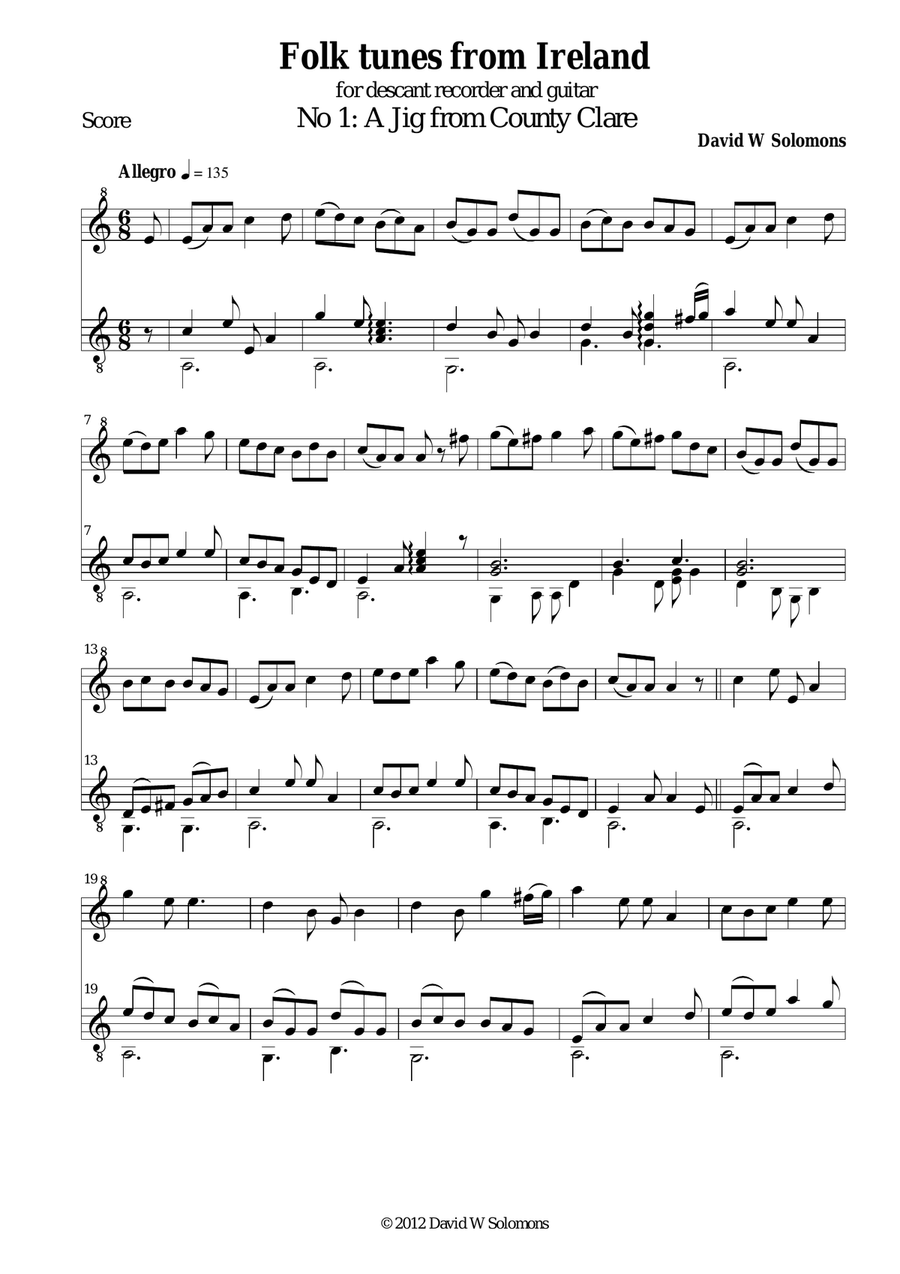 Folk tunes from Ireland No 1 Jigg from County Clare Small Ensemble scores gallery preview page 1