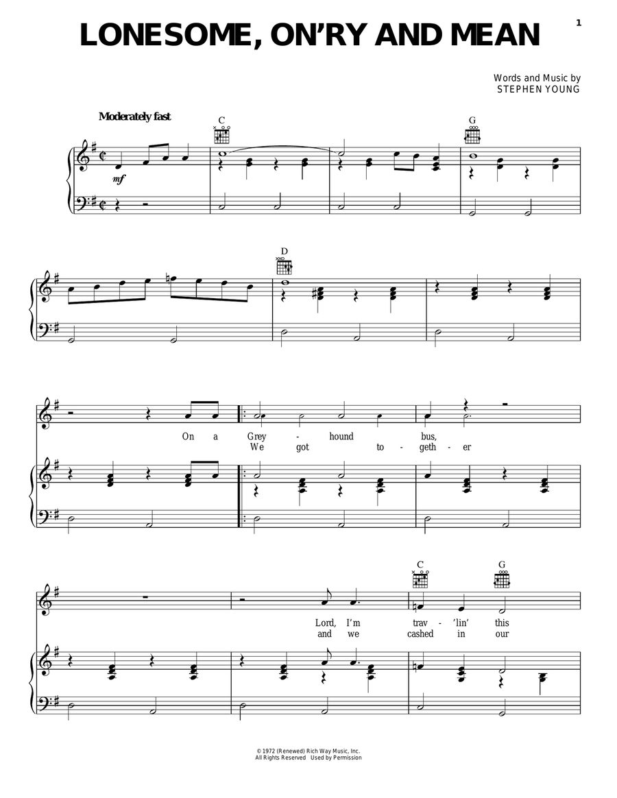 Lonesome, On'ry And Mean Piano, Vocal, Guitar scores gallery preview page 1