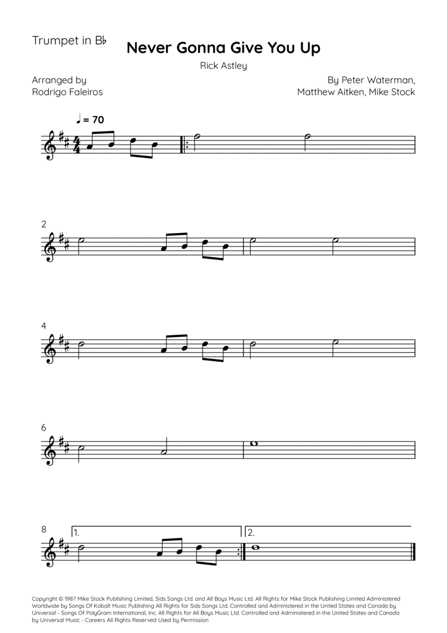 Never Gonna Give You Up Never Gonna Give You Up B-Flat Trumpet scores gallery preview page 1