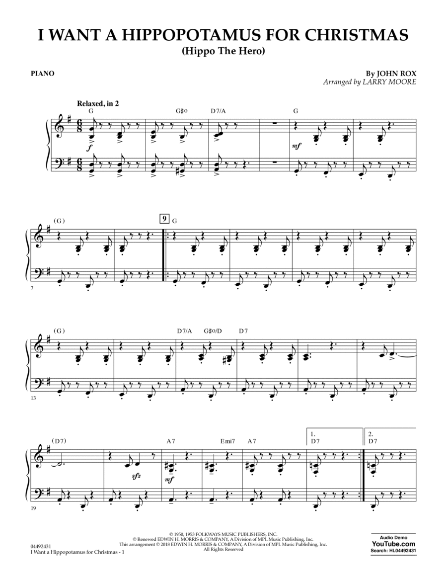 I Want A Hippopotamus For Christmas (arr. Larry Moore) - Piano