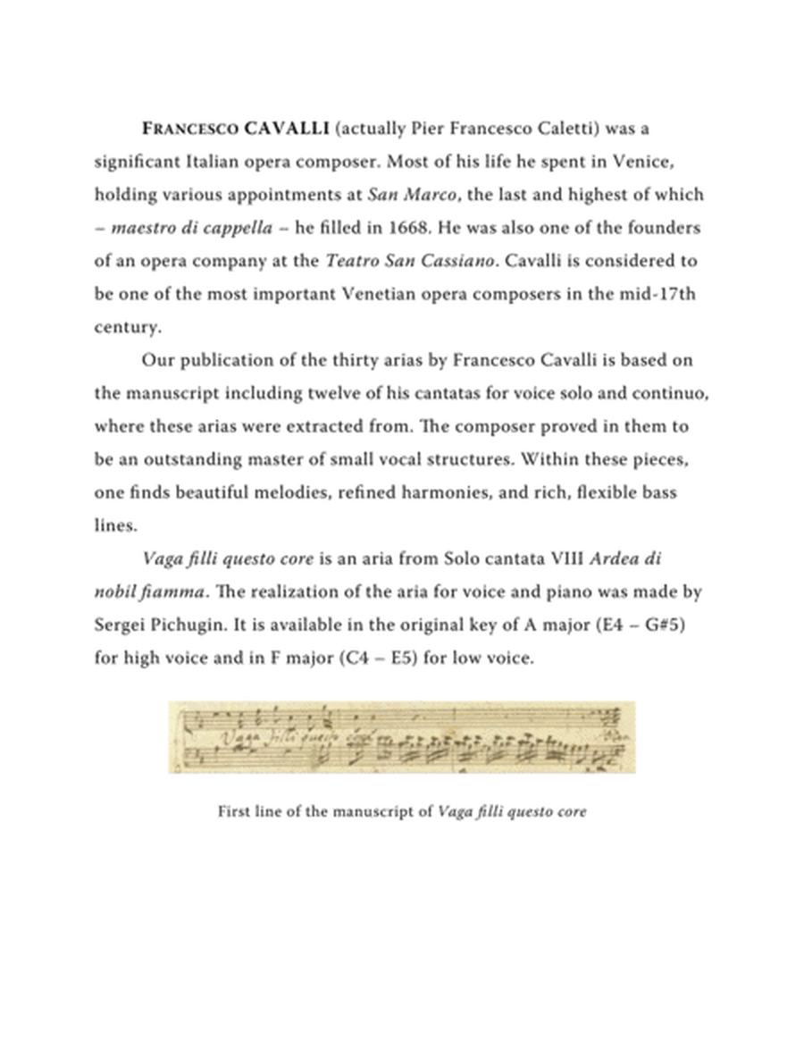 CAVALLI Francesco: Vaga filli questo core, aria from the cantata, arranged for Voice and Piano (A ma image number null