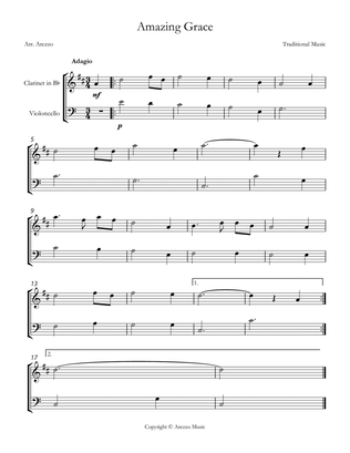 Jonh Newton Amazing Grace Easy Clarinet and Cello Sheet Music C major