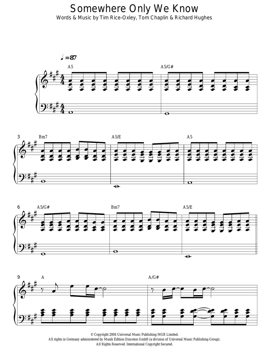 Somewhere Only We Know Piano Solo scores gallery preview page 1