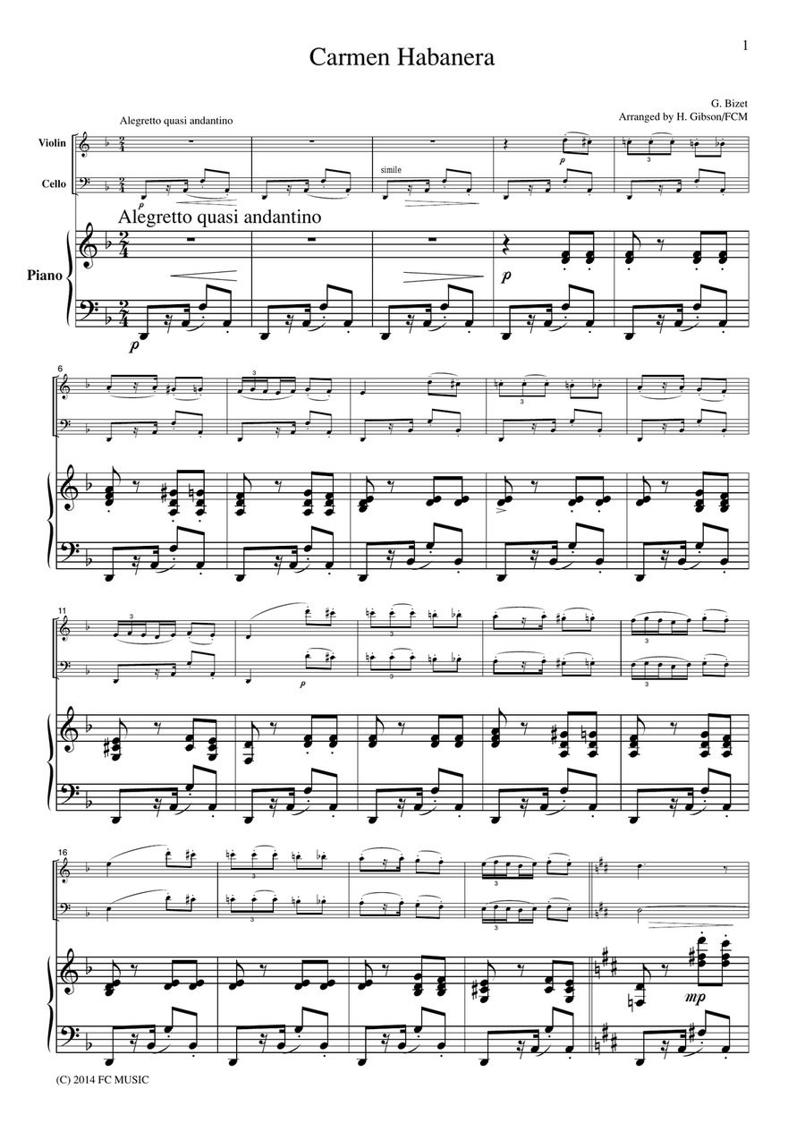 Bizet Habanera from Carmen, for piano trio, PB302 Piano Trio scores gallery preview page 1