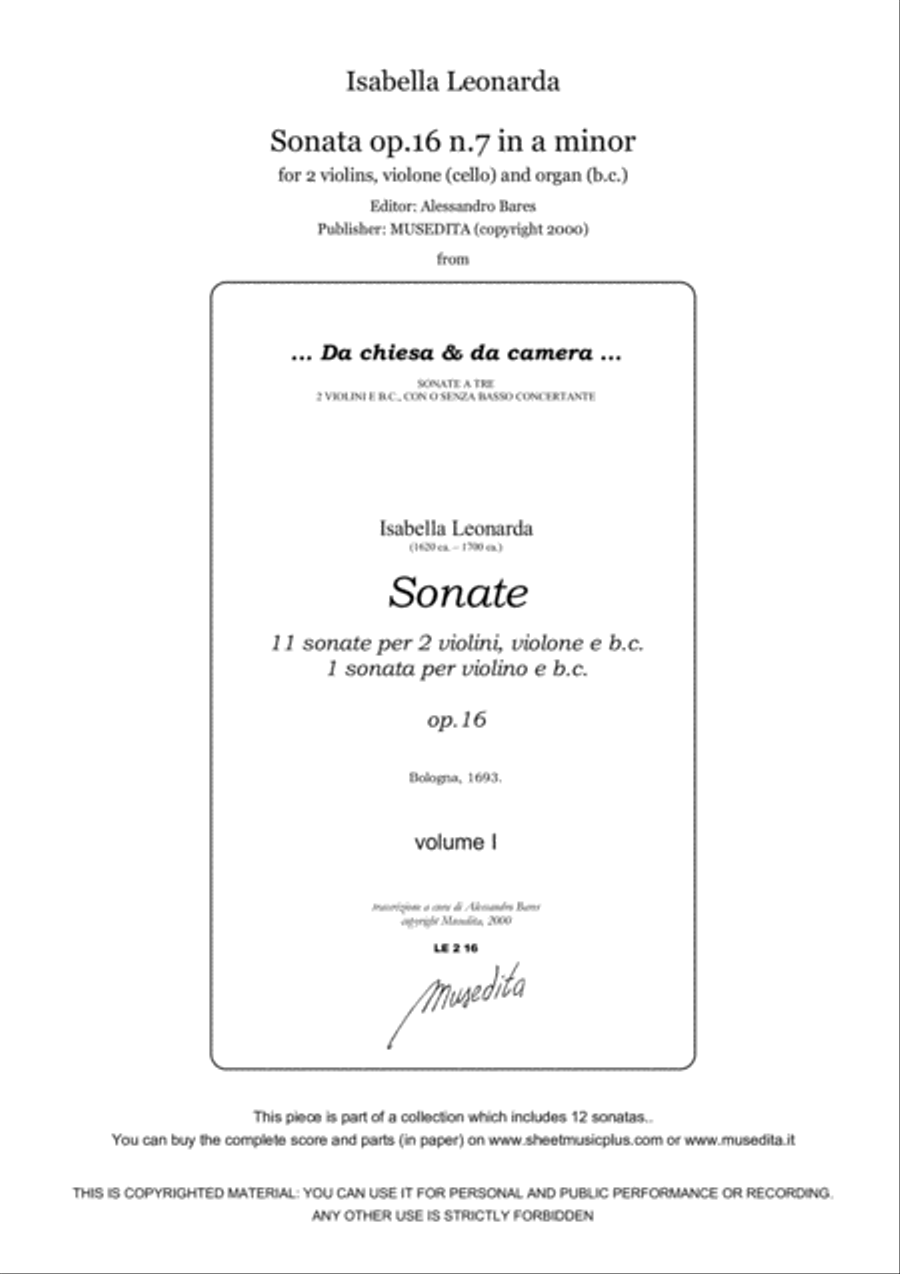Isabella Leonarda, Sonata op.16 n.7 in a minor Small Ensemble scores gallery preview page 1