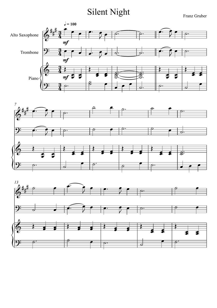 Franz Gruber - Silent Night (Alto Saxophone and Trombone Duet) Trombone Duet scores gallery preview page 1