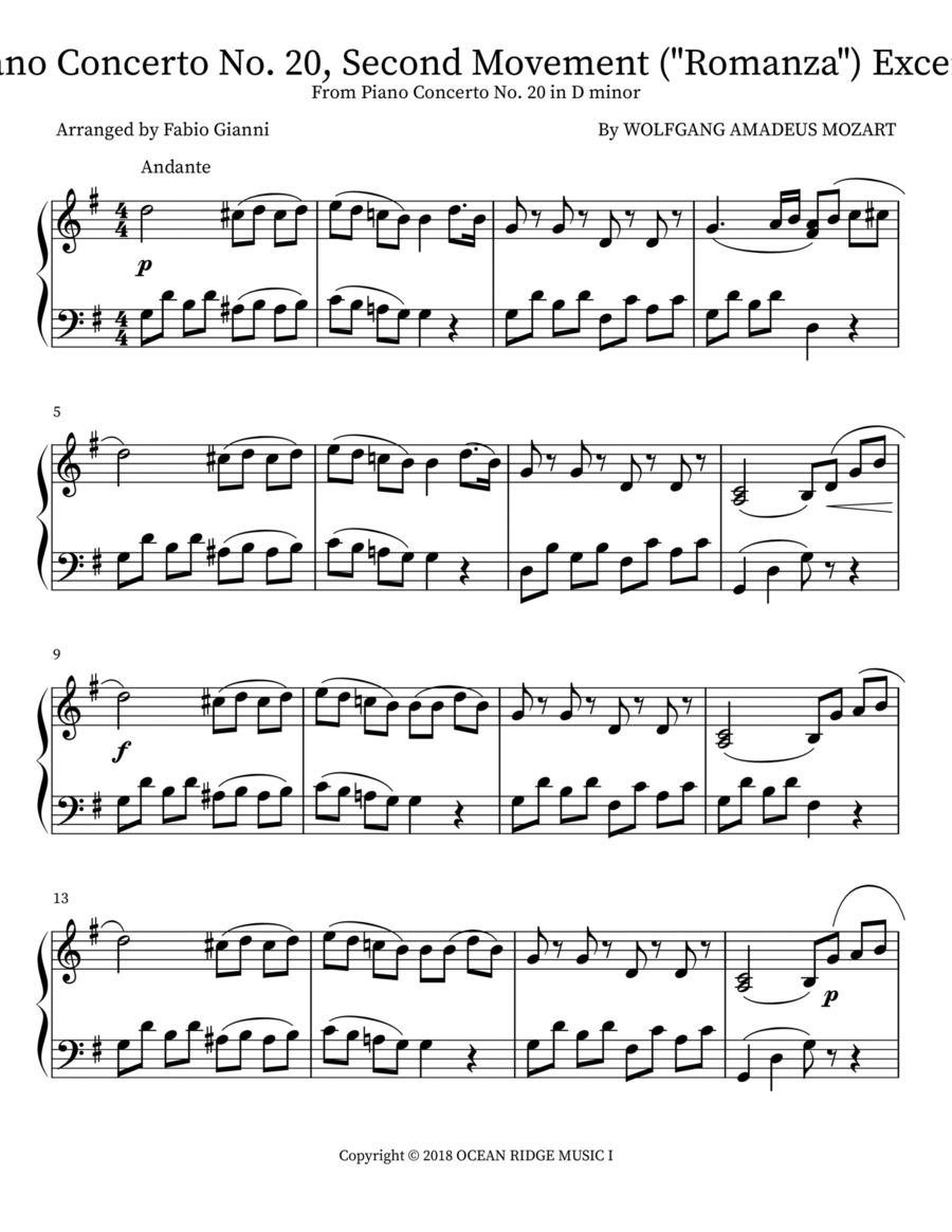 Piano Concerto No. 20, Second Movement ("Romanza") Excerpt