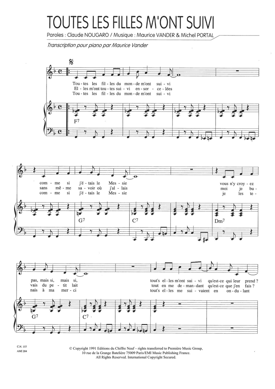Toutes Les Filles M'ont Suivi Piano, Vocal scores gallery preview page 1