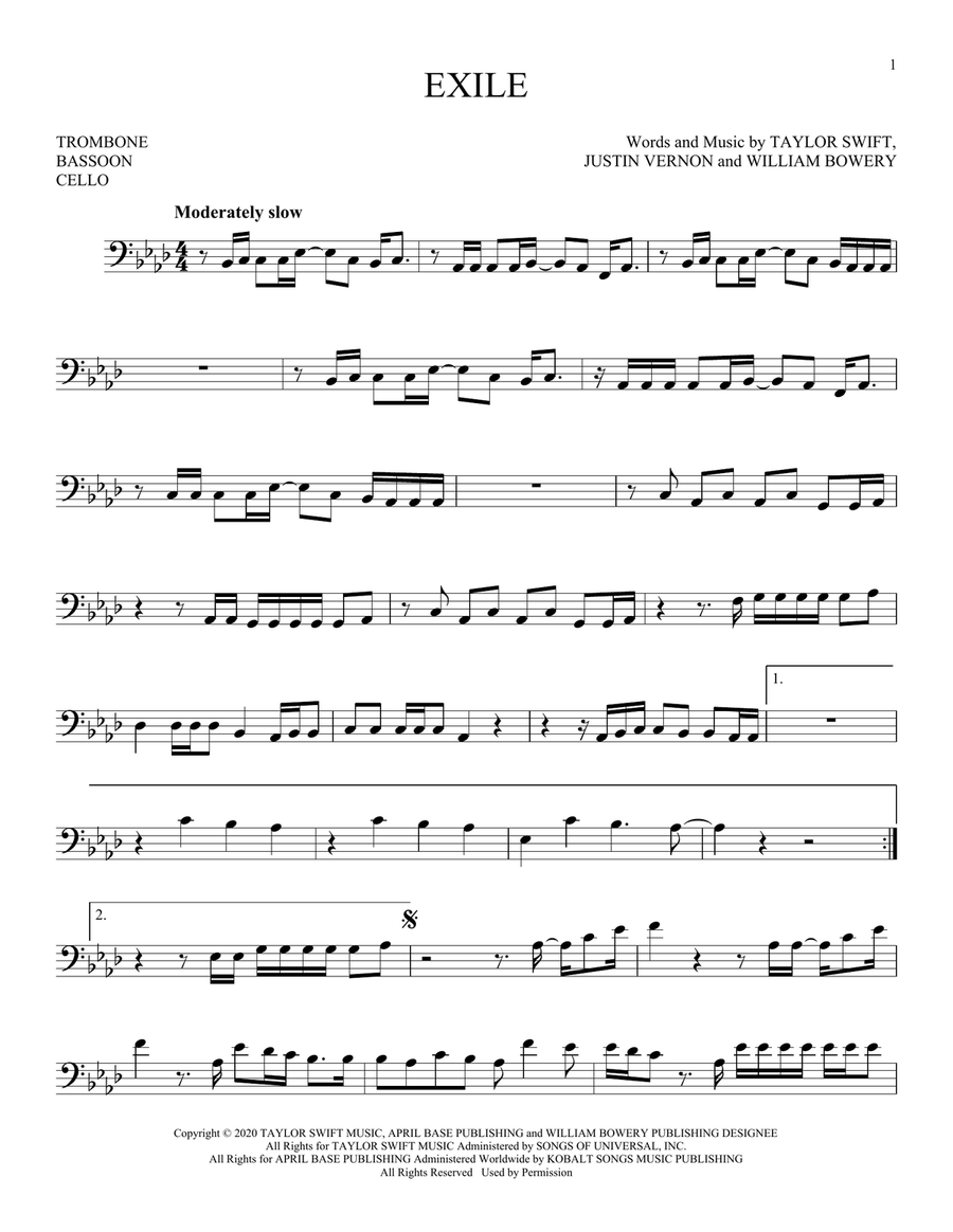 exile (feat. Bon Iver) Bass Clef Instrument scores gallery preview page 1