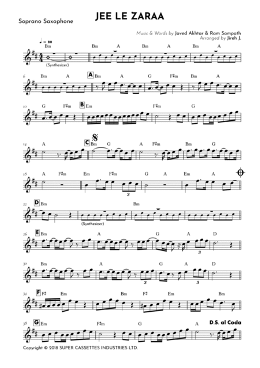 Jee Le Zaraa Jee Le Zaraa Soprano Saxophone scores gallery preview page 2